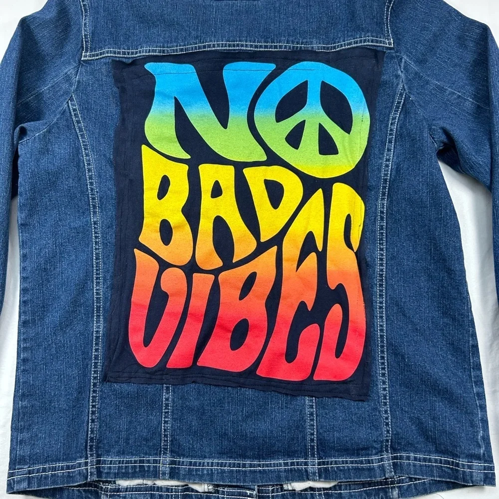 Quacker Factory Custom Denim Jacket No Bad Vibes Peace Rhinestone boho Sz M